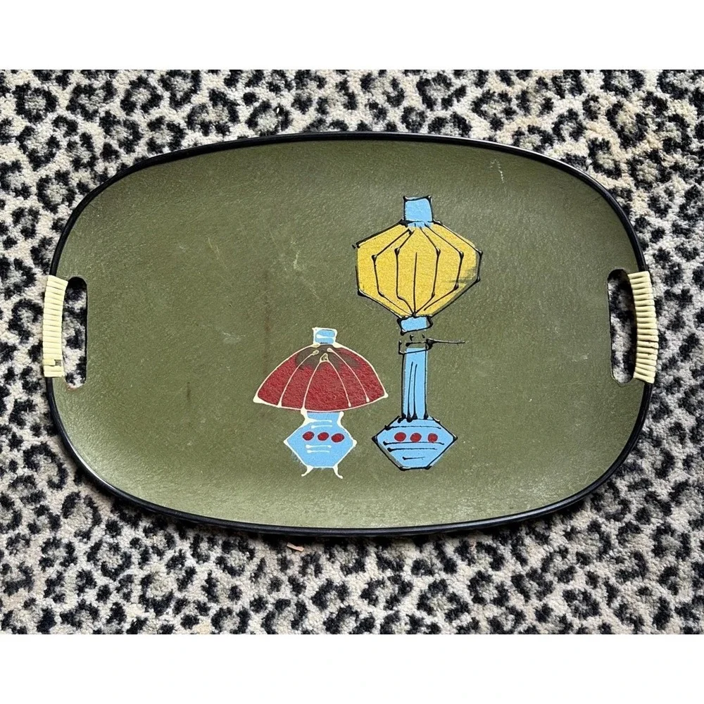 1960s TILSO MCM Fiberboard Wrapped Handle Hand Painted Lanterns Serving Tray VTG